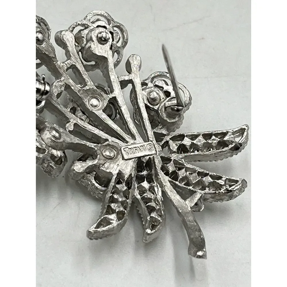 Crown Trifari Vintage Rhinestone Listed Plated‎ Mill Work Floral Bouquet Brooch